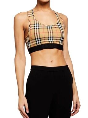 Burberry Vintage Check Stretch Sports Bra in Beige